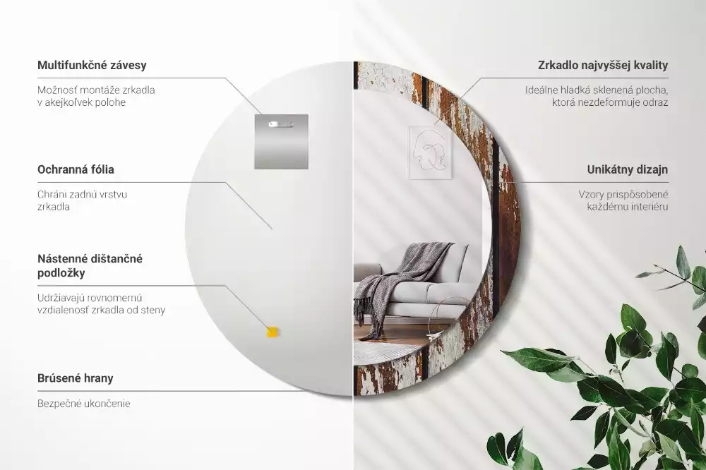 Oglindă rotundă ramă cu imprimeu Lemn vintage închis