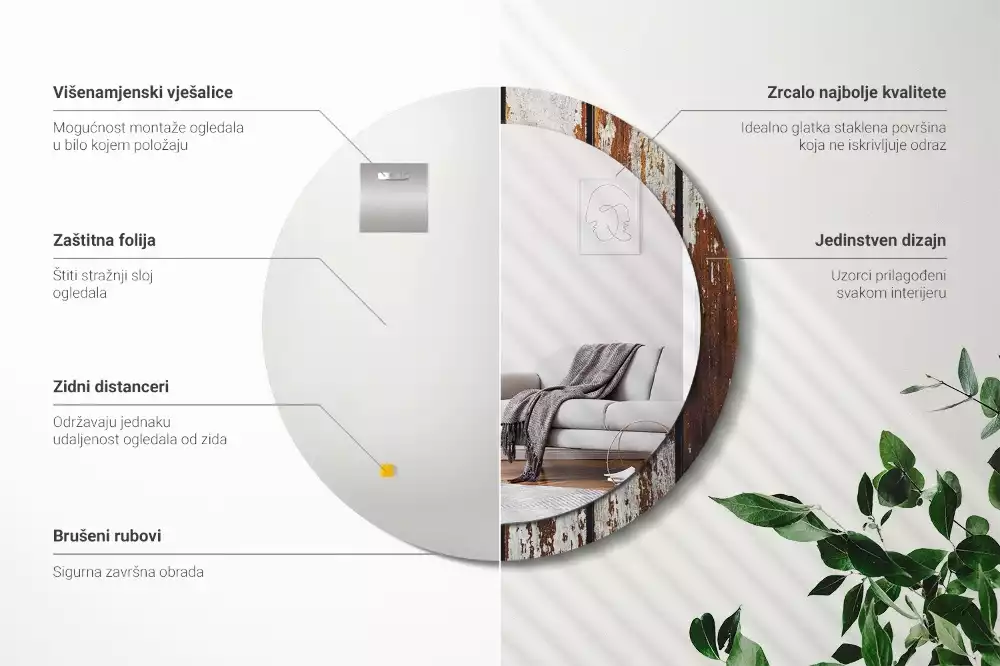 Oglindă rotundă ramă cu imprimeu Lemn vintage închis