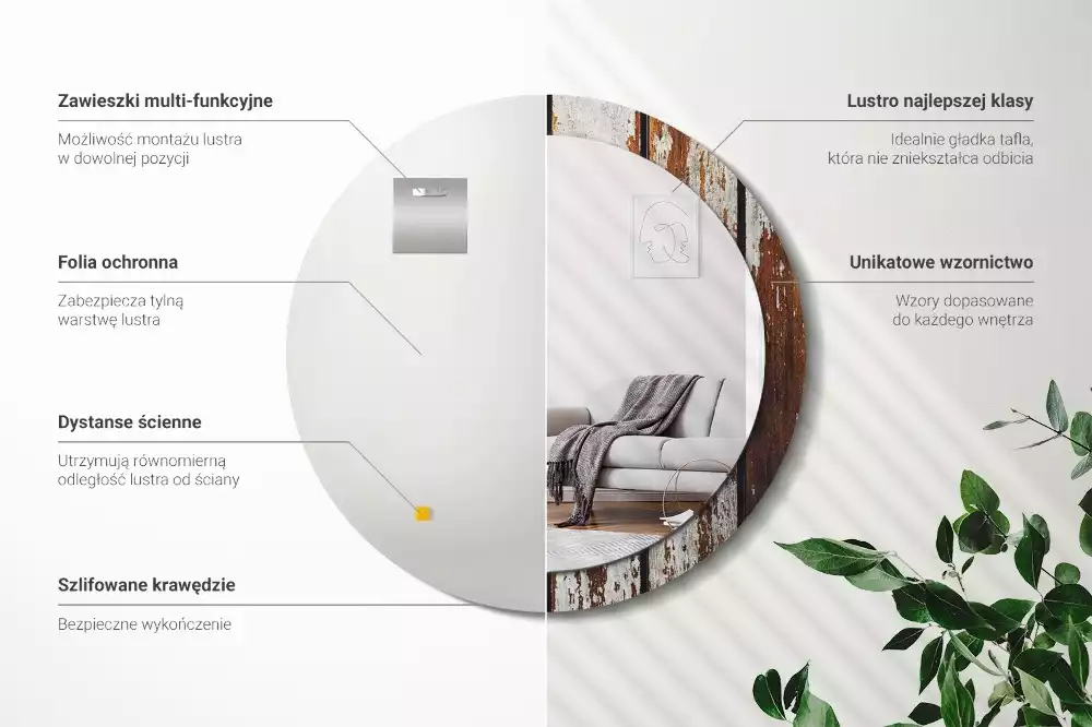 Oglindă rotundă ramă cu imprimeu Lemn vintage închis