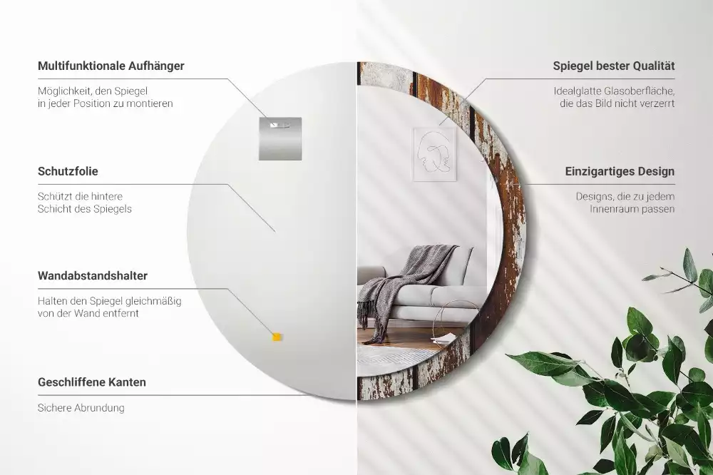 Oglindă rotundă ramă cu imprimeu Lemn vintage închis