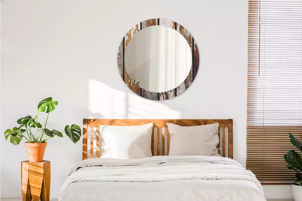 Oglindă rotundă ramă cu imprimeu Lemn vintage închis