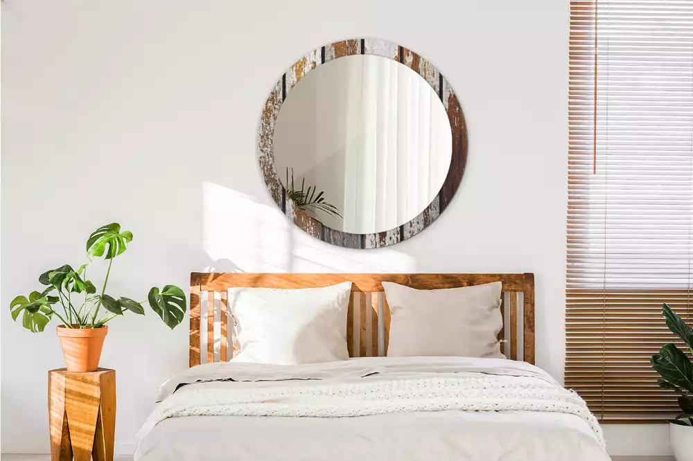 Oglindă rotundă ramă cu imprimeu Lemn vintage închis