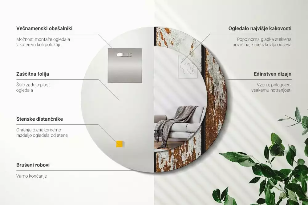 Oglindă rotundă ramă cu imprimeu Lemn vintage închis