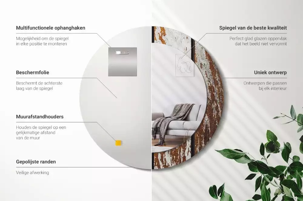 Oglindă rotundă ramă cu imprimeu Lemn vintage închis