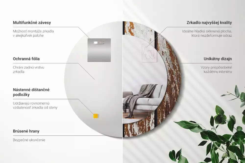 Oglindă rotundă ramă cu imprimeu Lemn vintage închis