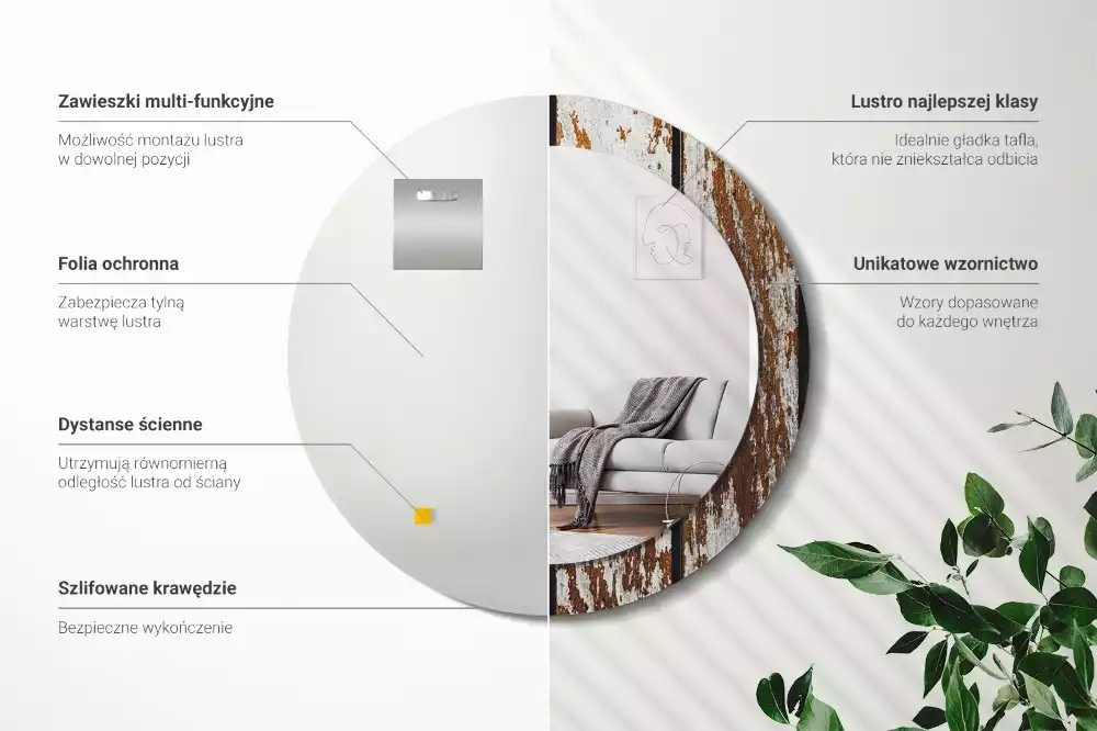 Oglindă rotundă ramă cu imprimeu Lemn vintage închis