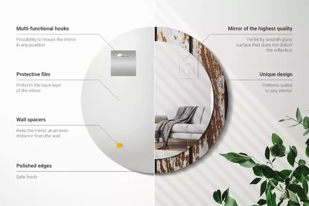 Oglindă rotundă ramă cu imprimeu Lemn vintage închis