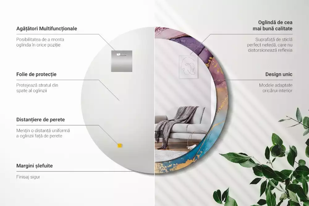 Oglindă rotundă ramă cu imprimeu Piatră de marmură