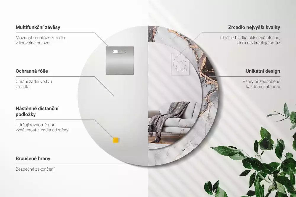 Oglindă rotundă ramă cu imprimeu Marmură abstractă