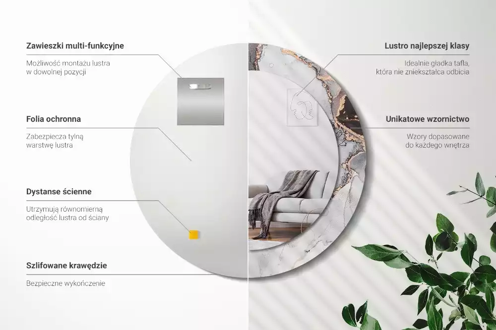 Oglindă rotundă ramă cu imprimeu Marmură abstractă