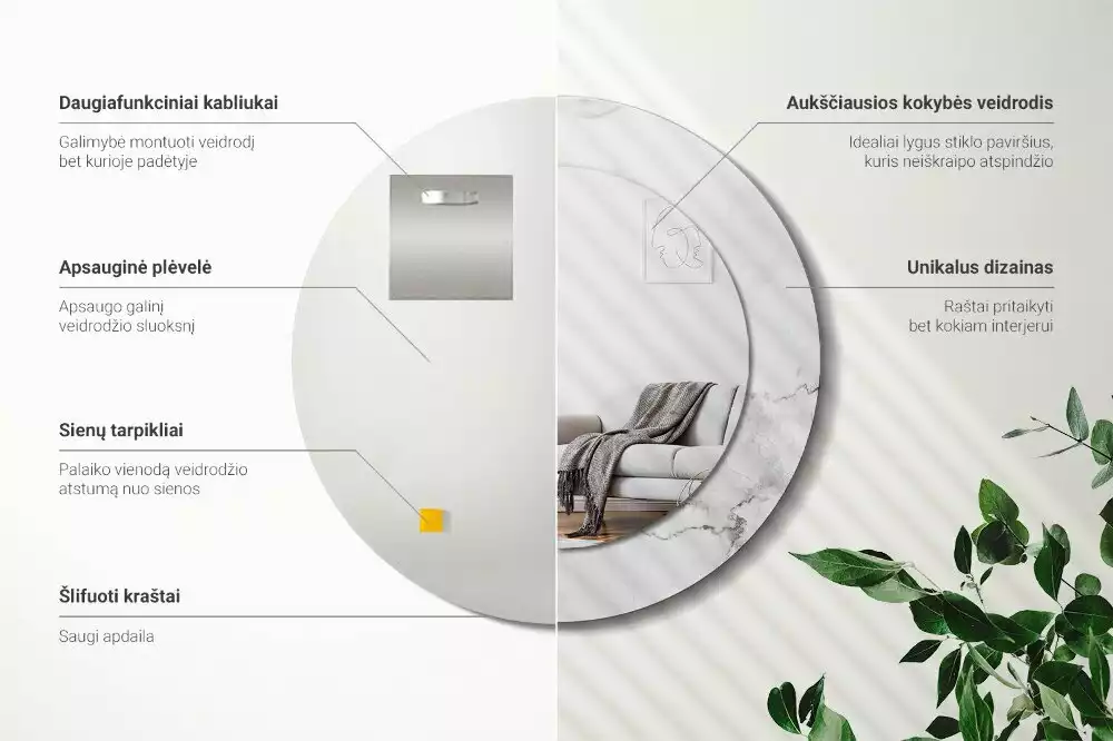 Oglindă rotundă ramă cu imprimeu Marmură albă