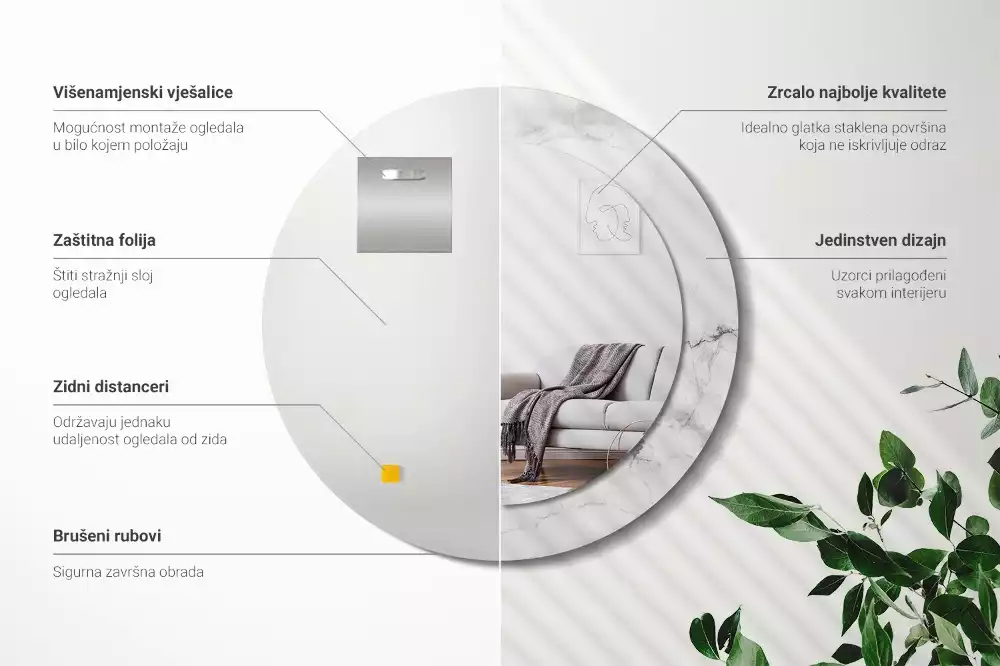 Oglindă rotundă ramă cu imprimeu Marmură albă