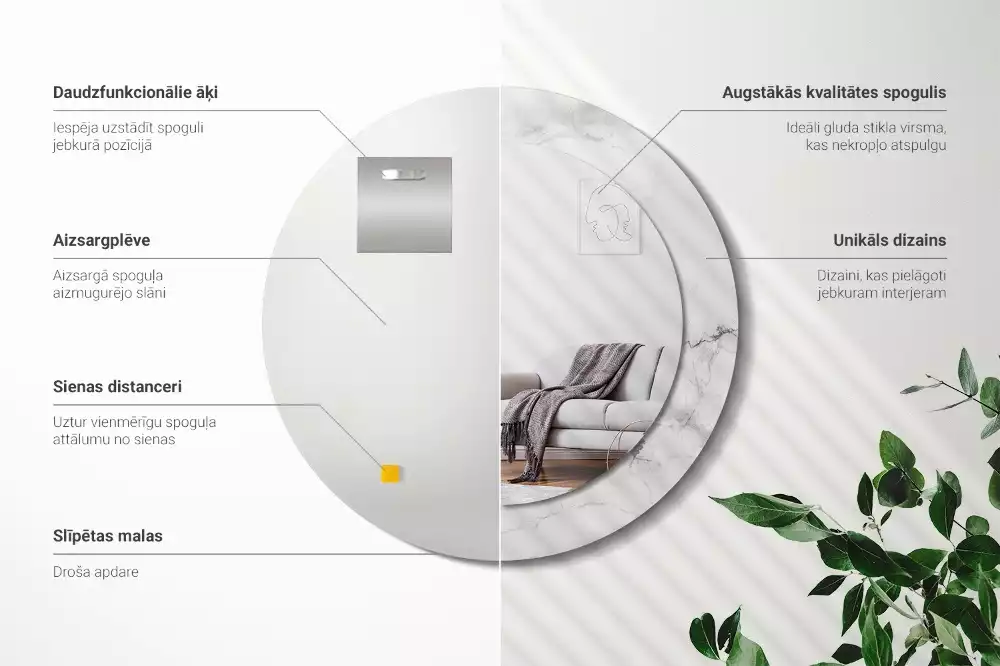 Oglindă rotundă ramă cu imprimeu Marmură albă