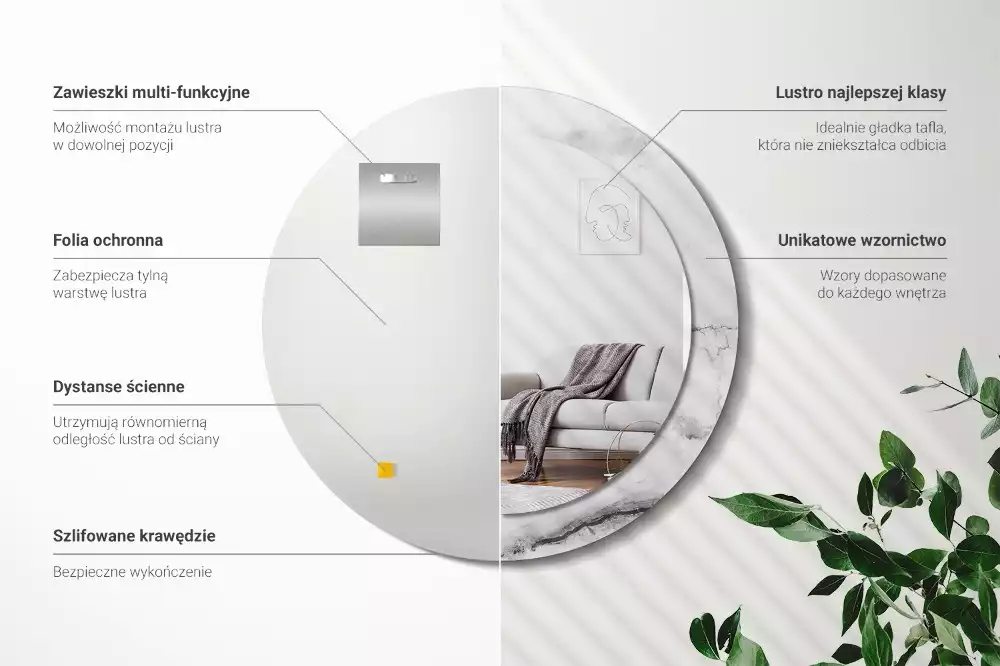 Oglindă rotundă ramă cu imprimeu Marmură albă