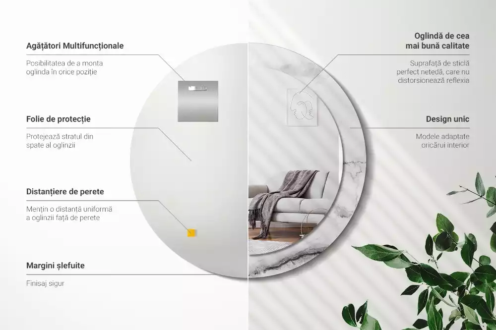 Oglindă rotundă ramă cu imprimeu Marmură albă