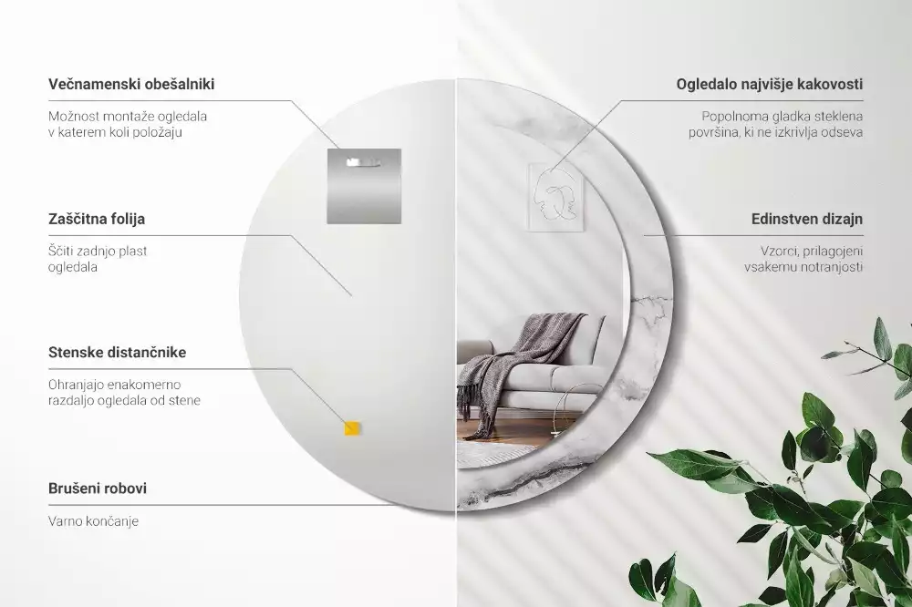 Oglindă rotundă ramă cu imprimeu Marmură albă