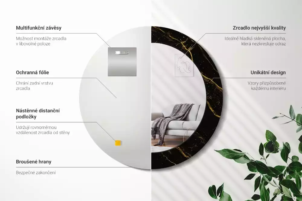 Oglindă rotundă ramă cu imprimeu Marmură neagră