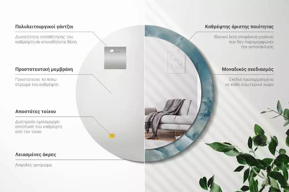 Oglindă rotundă ramă cu imprimeu Marmură onix albastră