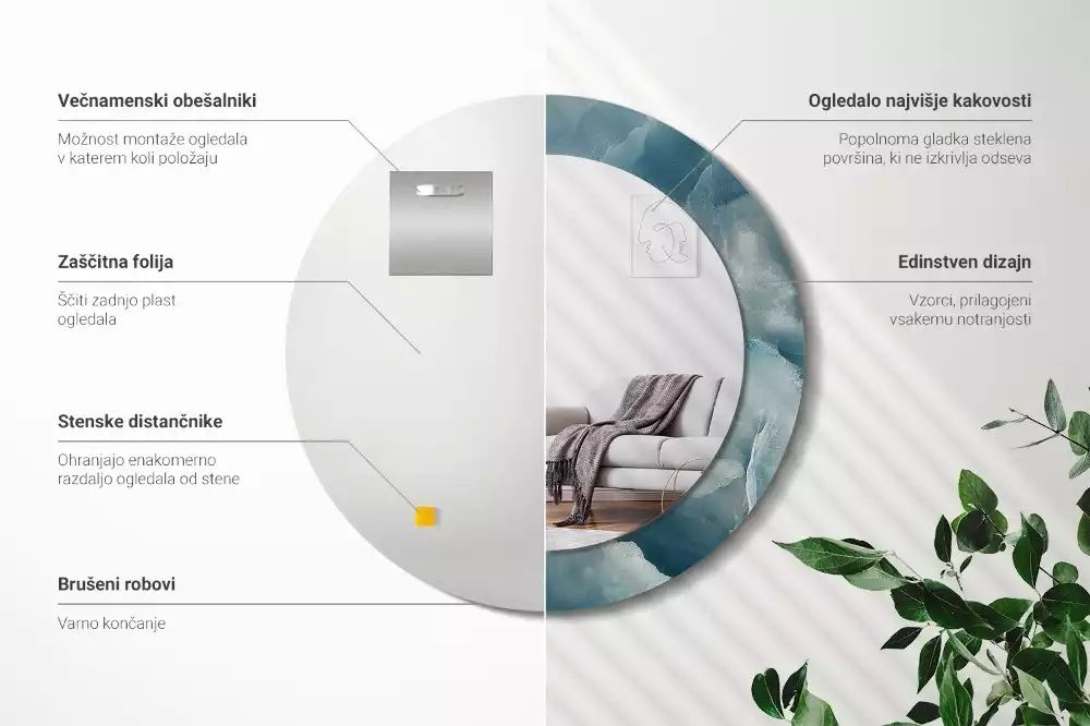 Oglindă rotundă ramă cu imprimeu Marmură onix albastră