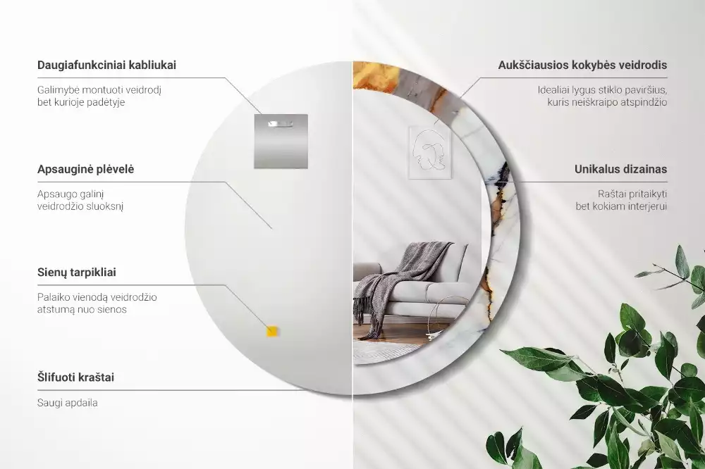 Oglindă rotundă ramă cu imprimeu Marmură albă