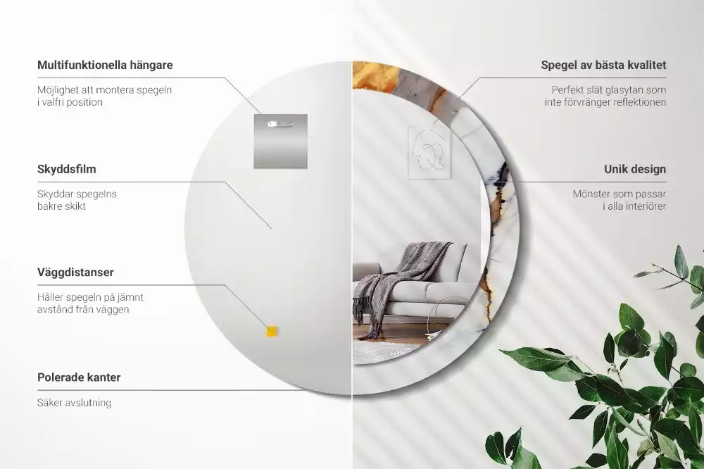 Oglindă rotundă ramă cu imprimeu Marmură albă