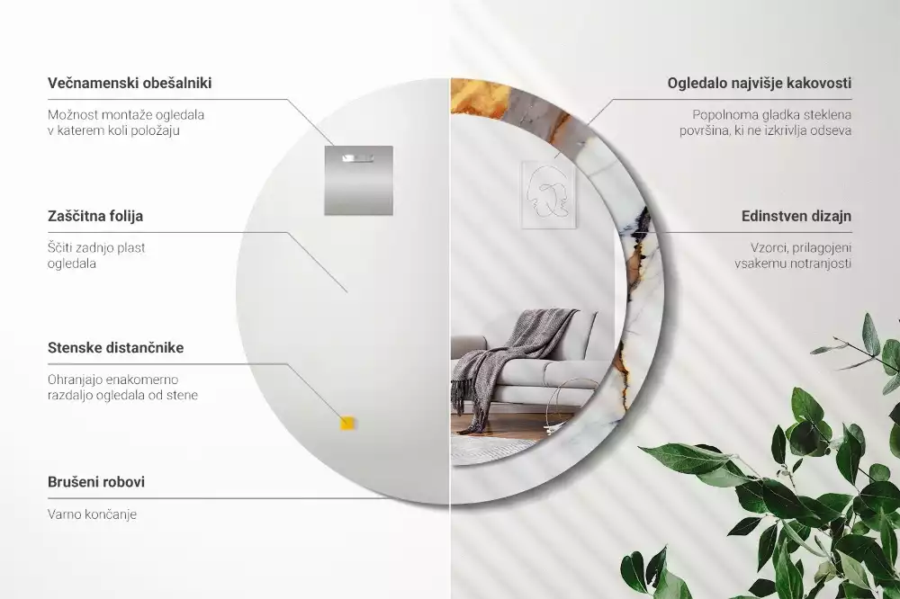 Oglindă rotundă ramă cu imprimeu Marmură albă