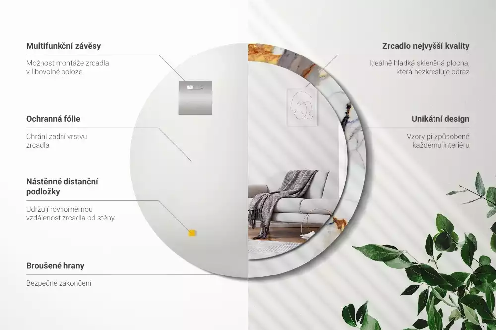 Oglindă rotundă ramă cu imprimeu Marmură albă