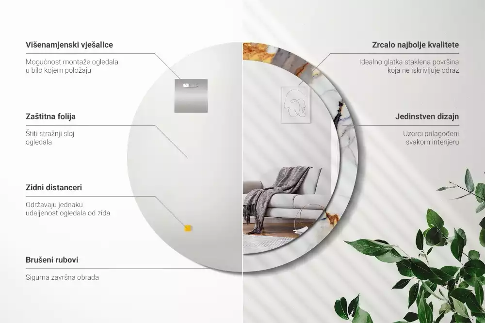 Oglindă rotundă ramă cu imprimeu Marmură albă