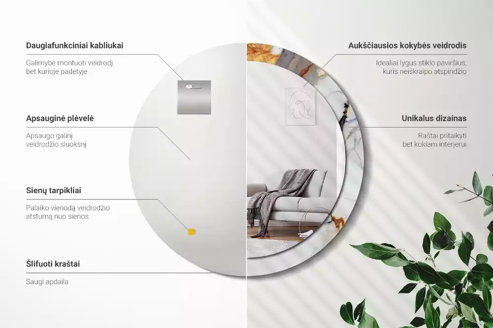 Oglindă rotundă ramă cu imprimeu Marmură albă