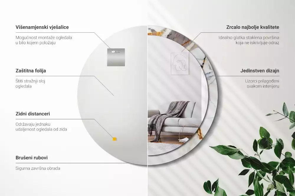 Oglindă rotundă ramă cu imprimeu Marmură albă