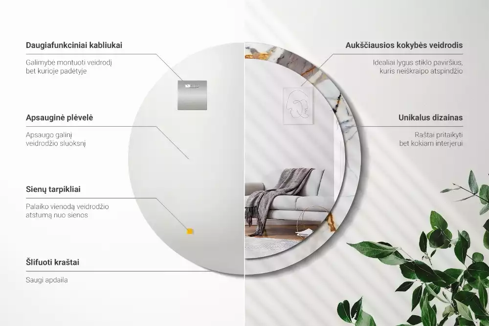 Oglindă rotundă ramă cu imprimeu Marmură albă