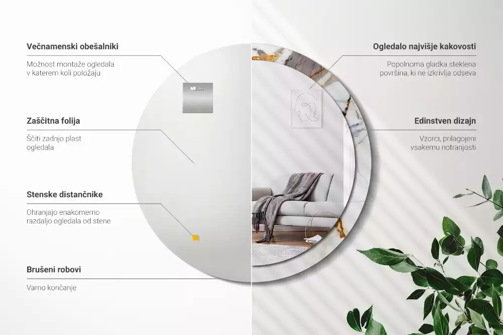 Oglindă rotundă ramă cu imprimeu Marmură albă