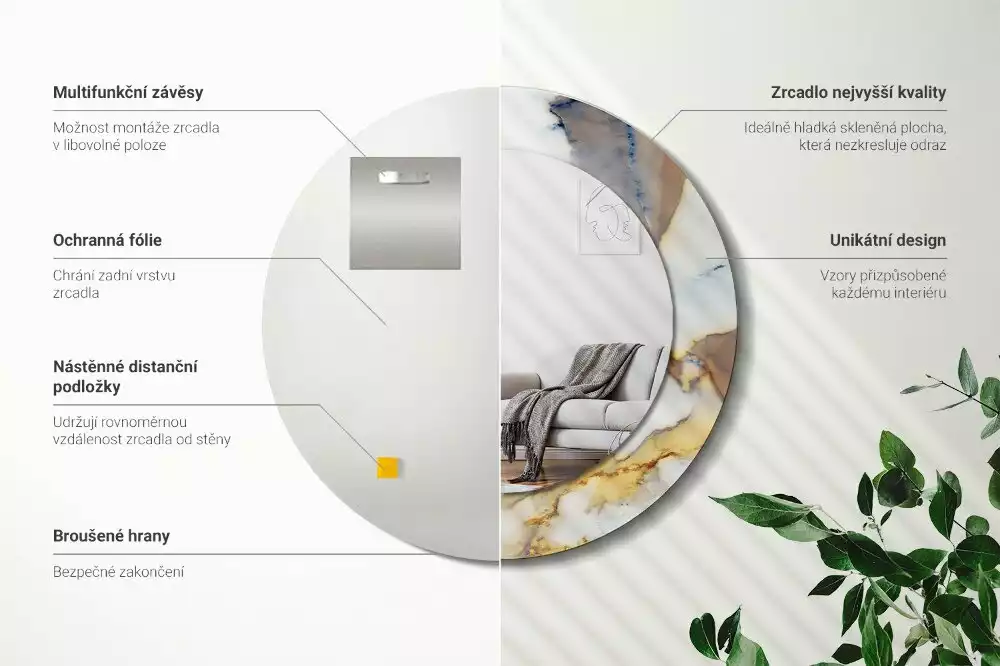 Oglindă rotundă ramă cu imprimeu Marmură albă