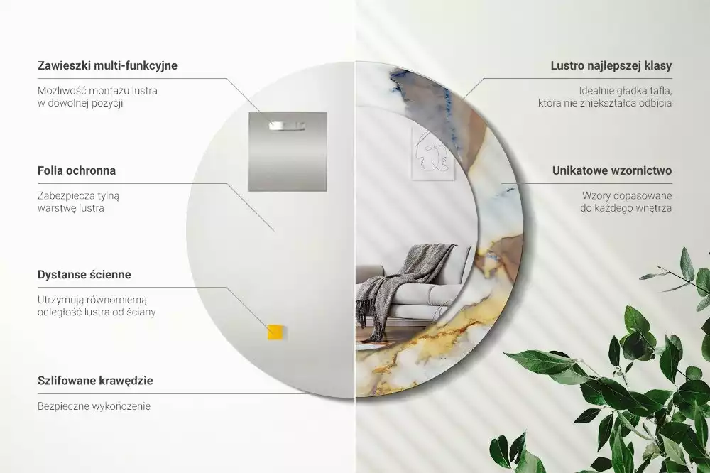 Oglindă rotundă ramă cu imprimeu Marmură albă