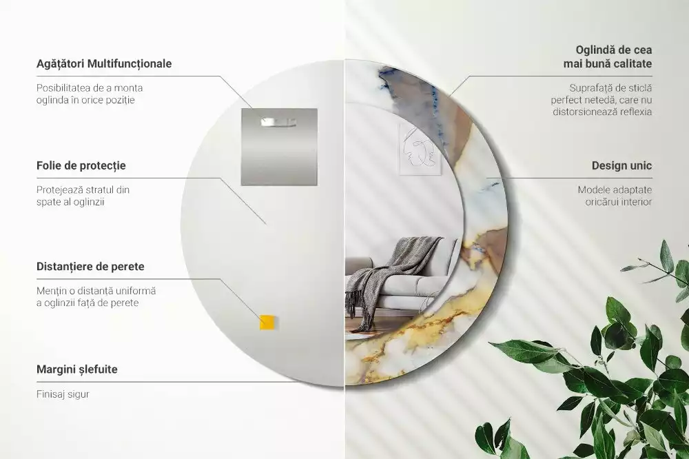 Oglindă rotundă ramă cu imprimeu Marmură albă