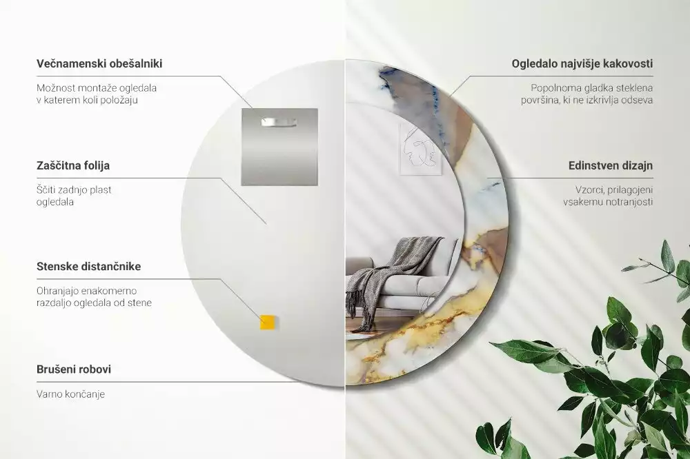 Oglindă rotundă ramă cu imprimeu Marmură albă