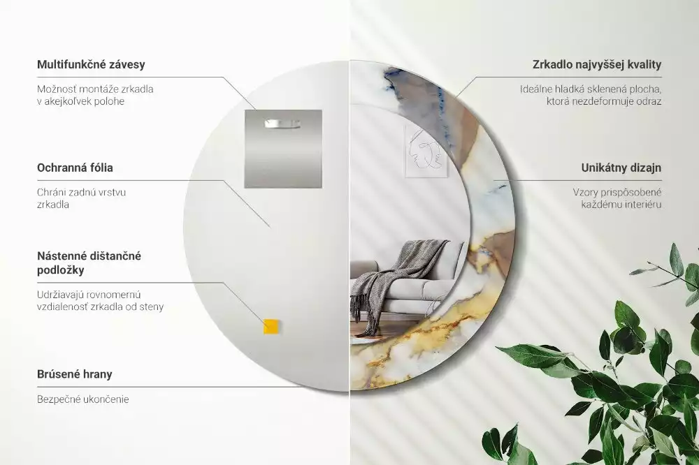 Oglindă rotundă ramă cu imprimeu Marmură albă