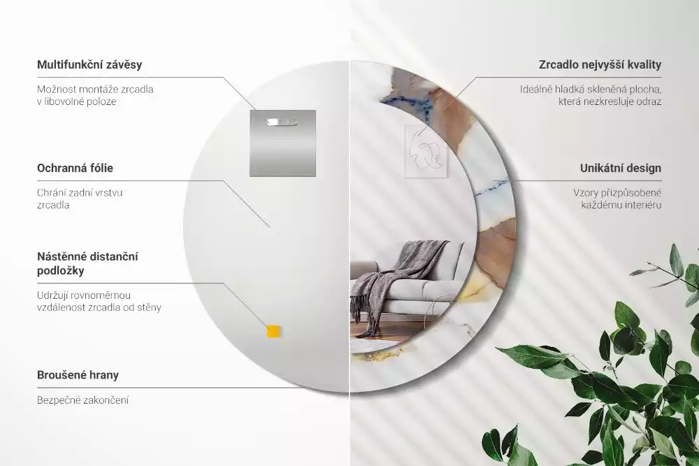 Oglindă rotundă ramă cu imprimeu Marmură albă