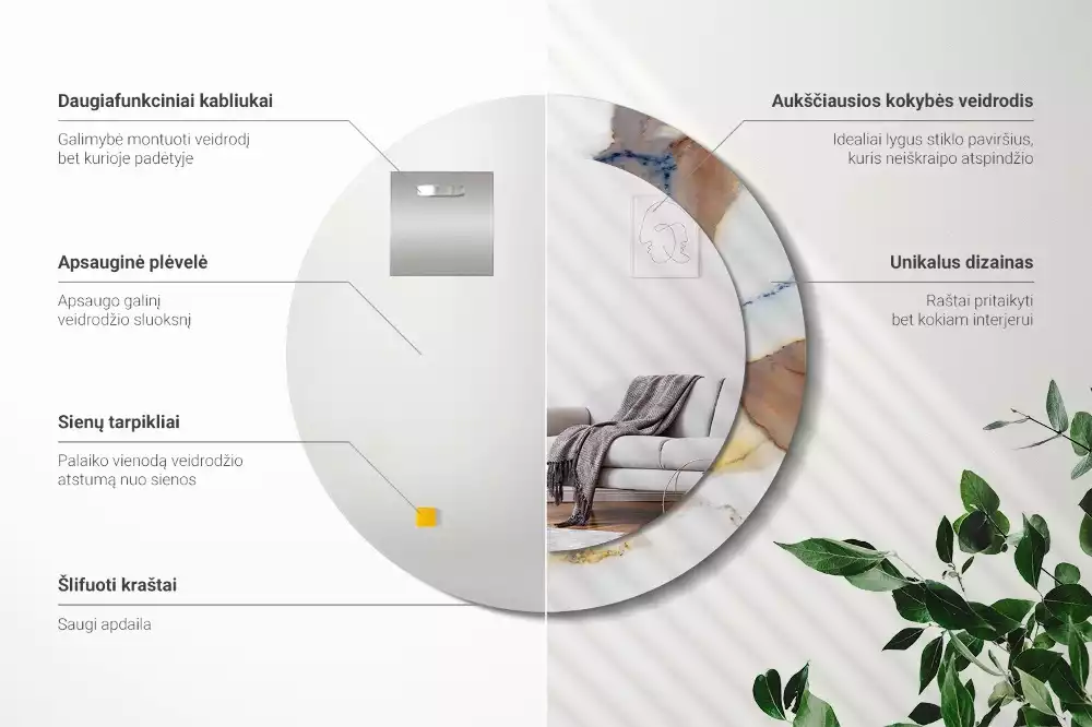 Oglindă rotundă ramă cu imprimeu Marmură albă