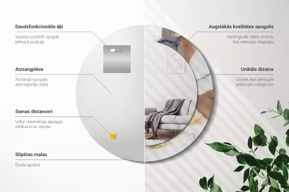 Oglindă rotundă ramă cu imprimeu Marmură albă