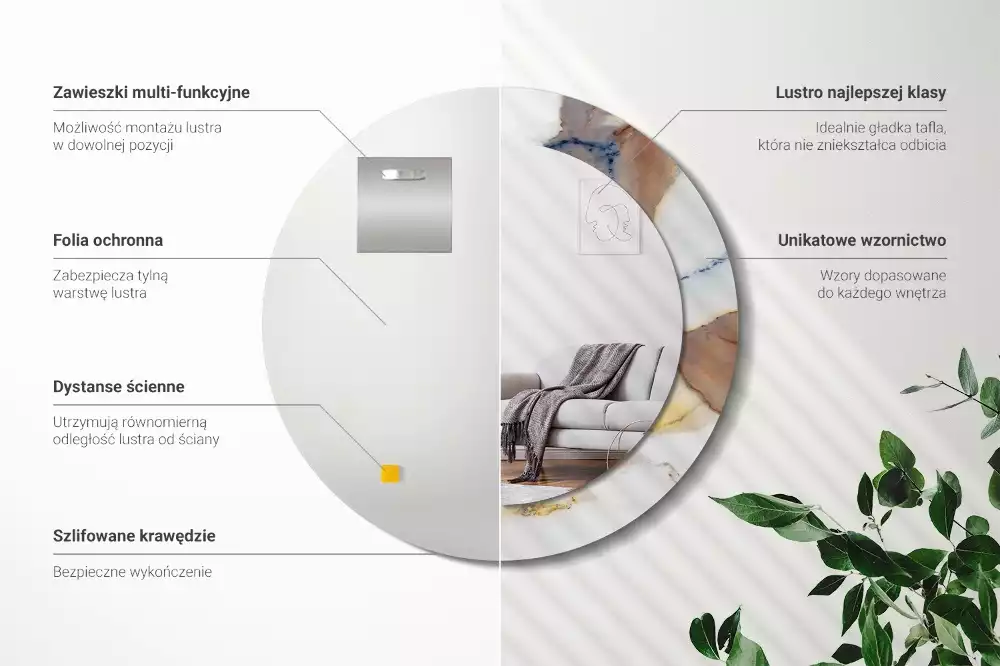 Oglindă rotundă ramă cu imprimeu Marmură albă