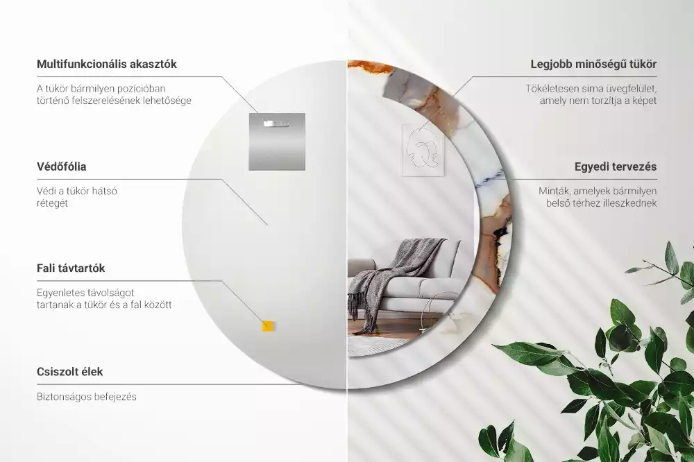 Oglindă rotundă ramă cu imprimeu Marmură albă