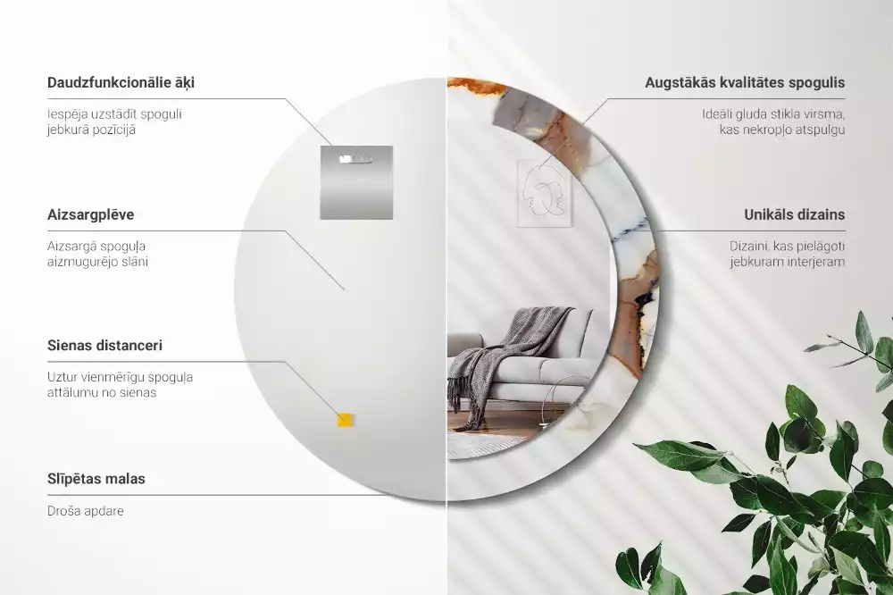 Oglindă rotundă ramă cu imprimeu Marmură albă