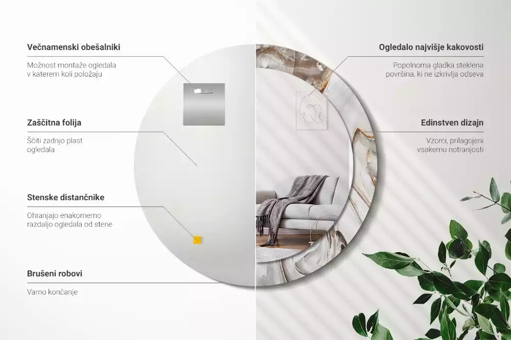 Oglindă rotundă imprimată Marmură deschisă