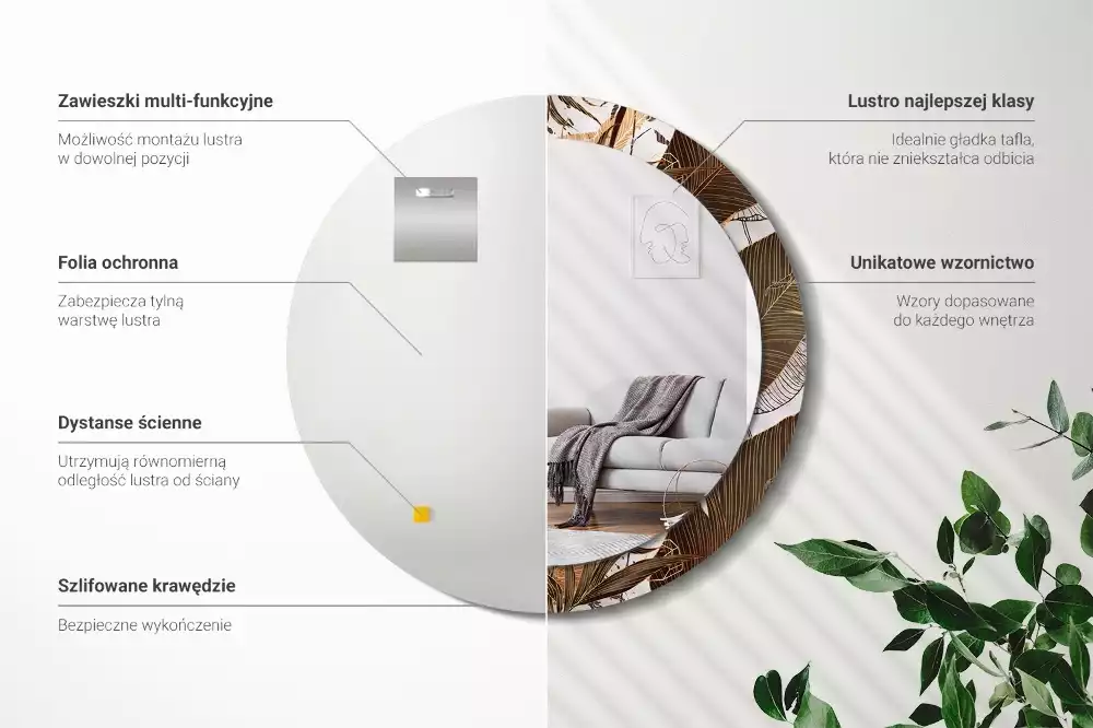 Oglindă rotundă imprimată Frunze de palmier