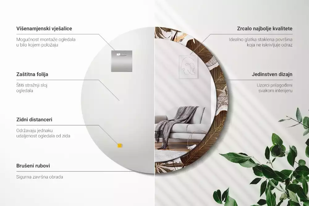 Oglindă rotundă imprimată Frunze de palmier