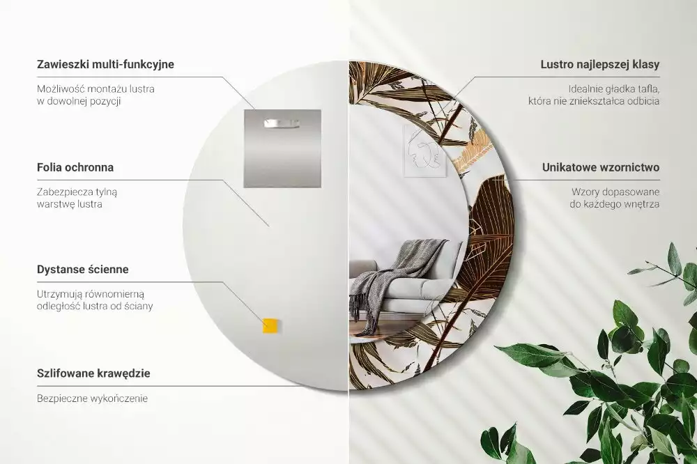 Oglindă rotundă imprimată Frunze de palmier