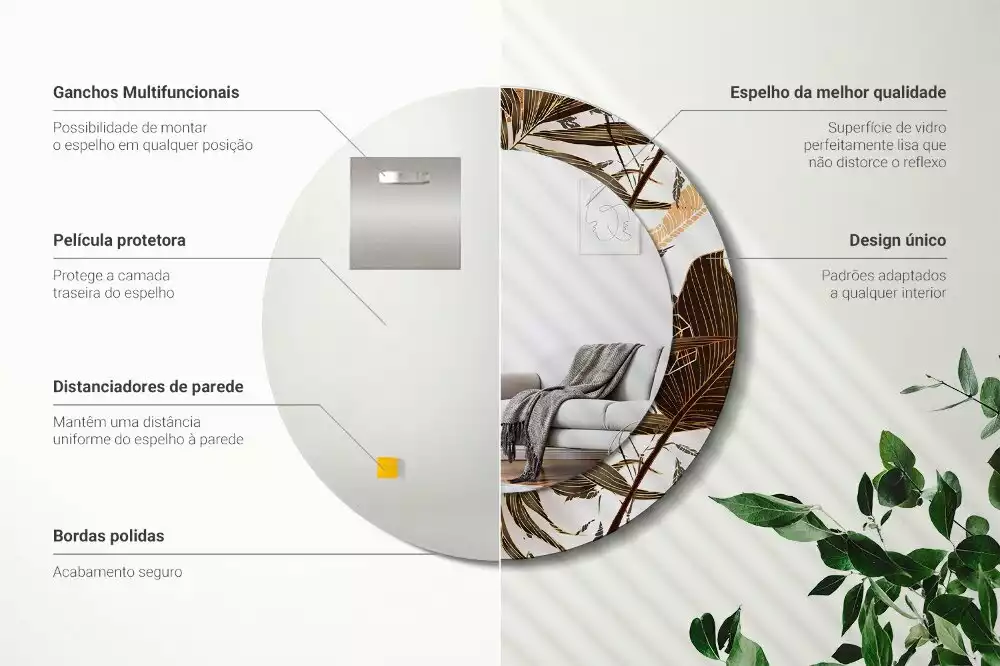 Oglindă rotundă imprimată Frunze de palmier