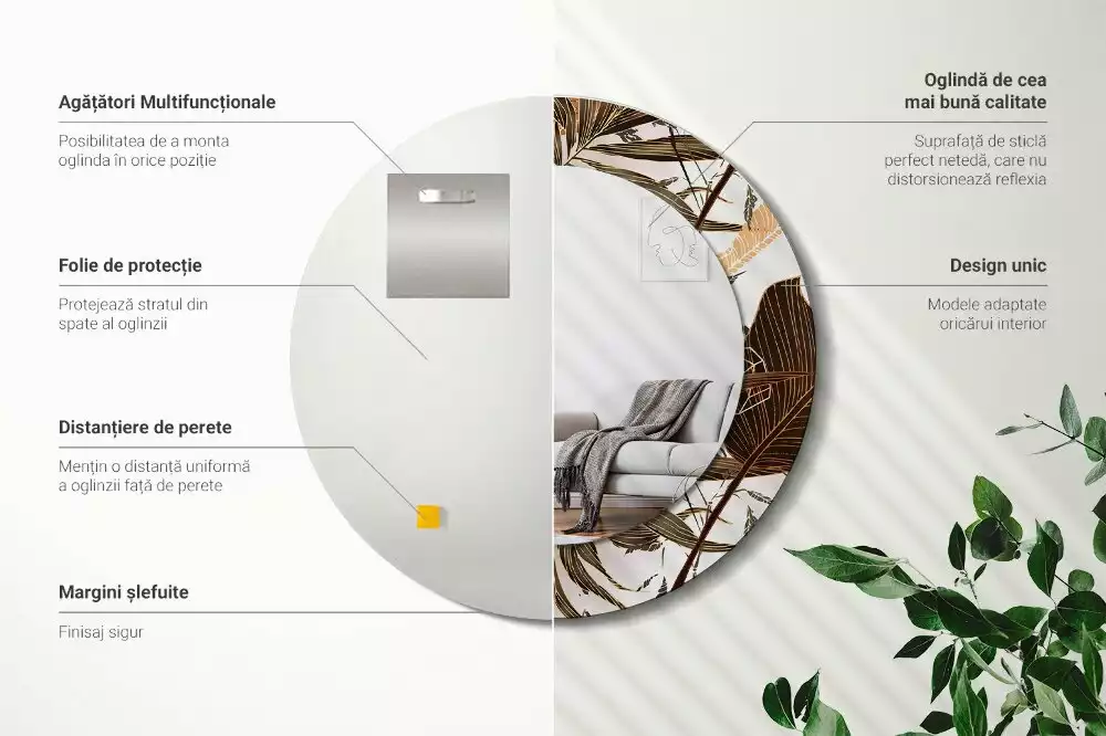 Oglindă rotundă imprimată Frunze de palmier