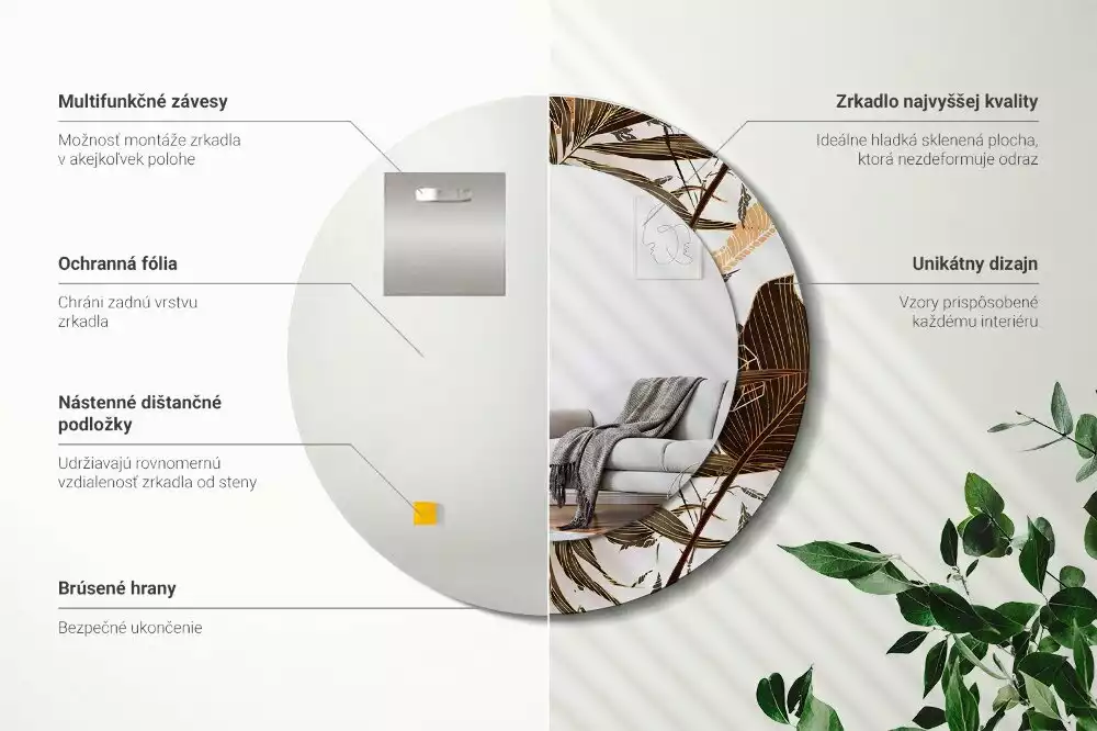 Oglindă rotundă imprimată Frunze de palmier